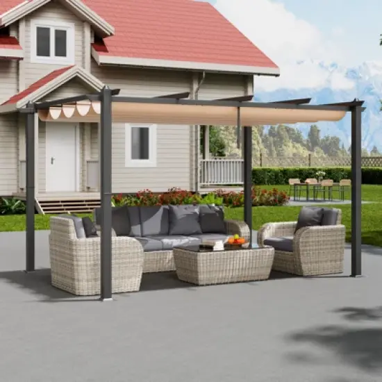 VEVOR 10'x13' Outdoor Retractable Pergola with Canopy, Aluminum Pergola with Retractable Canopy, Modern Pergola with Sun Shade Canopy, Beige image {1}