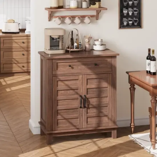 Rustic Adjustable 31.5" Storage Cabinet, Waterproof 3-Tier Organizer with Slatted Doors and Drawers for Home, Kitchen, Dining Room, Entryway image {6}