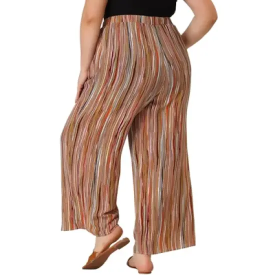 Agnes Orinda Women's Plus Size Boho Palazzo Lounge Wide Leg Pants with Elastic Waist and Stripe image {4}