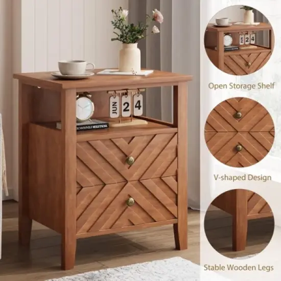 GustoWave Night Stand with 2 Storage Drawers and Stable Wooden Legs, Farmhouse Nightstand w/V-Shaped Design, Wooden End Table(Brown, 2 Piece) image {3}