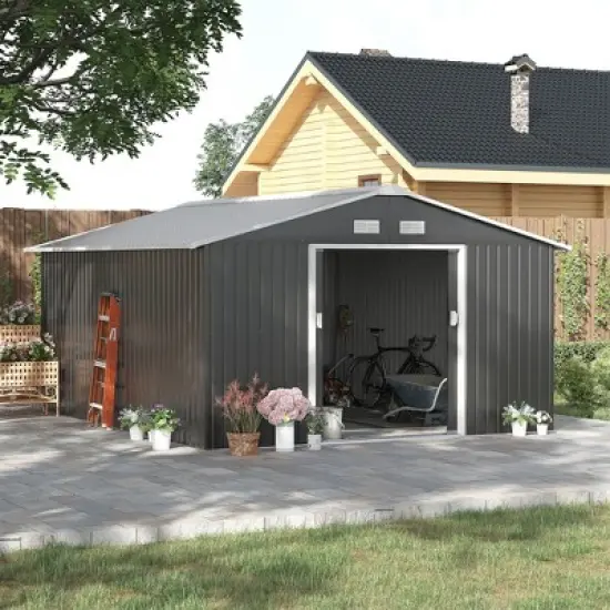 Outsunny 11' x 13' Metal Storage Shed Garden Tool House with Double Sliding Doors, 4 Air Vents for Backyard, Patio, Lawn Dark Gray image {2}