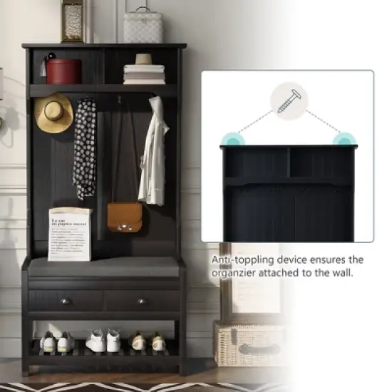 33.5" 3-in-1 Design Hall Tree with 4 Hooks, Coat Hanger and Entryway Storage Bench - ModernLuxe image {5}