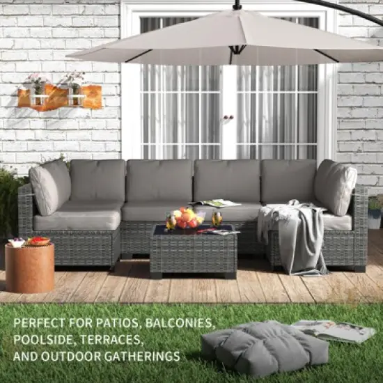 7 Piece Patio Furniture Set - PE Rattan Wicker Sectional Sofa with Cushions & Glass Coffee Table for Garden, Balcony, Porch, Backyard image {3}