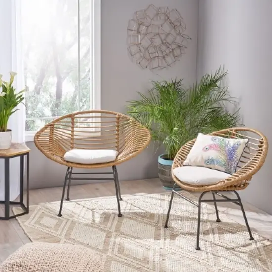 Set of 2 Outdoor Woven Rattan Patio Chairs with Cushions,Modern Basket Lounge Chairs with Steel Frame for Balcony or Garden-Maison Boucle image {1}