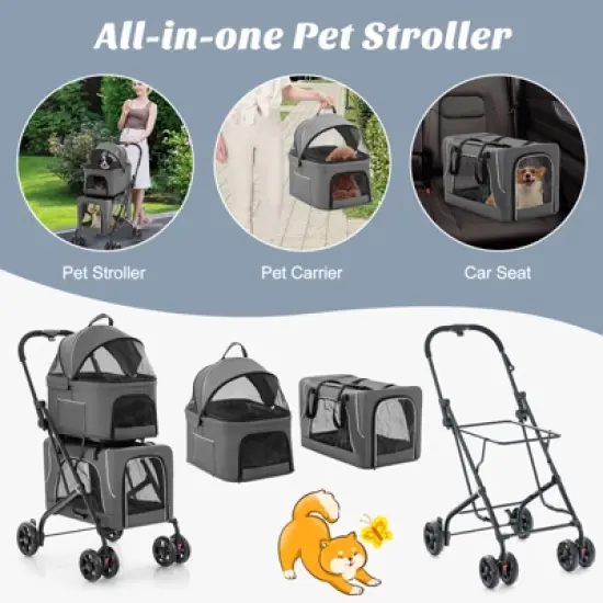 Costway Double Pet Stroller for 2 Dogs or Cats w/ 2 Detachable Carriers Safety Belt Gray image {4}