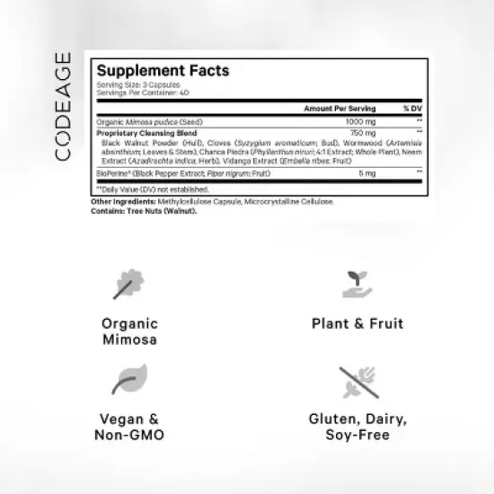 Codeage Organic Mimosa Pudica Seed + Black Walnut, Cloves, Botanicals, Vegan Supplement - 120ct image {2}