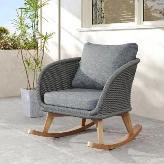 Christopher Knight Home Hattie Patio Contemporary Rattan and Acacia Wood Rocking Chair with Cushion image {9}
