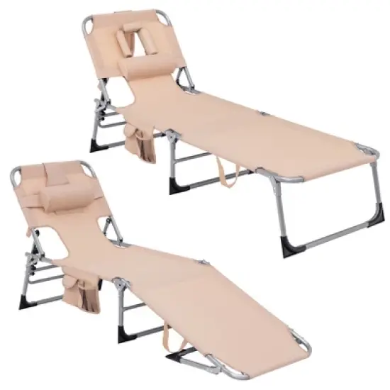 Costway 2PCS Outdoor Beach Lounge Chair Folding Chaise Lounge with Pillow Beige image {10}