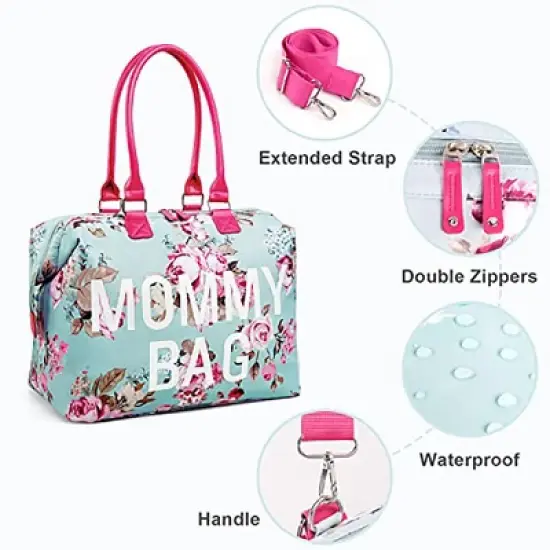 Itopfox Floral Mommy Bag 3-Piece Set, Large Capacity Waterproof Tote for Hospital, Travel, and Daily Use with Organizer Pouches (Blue Floral) image {2}