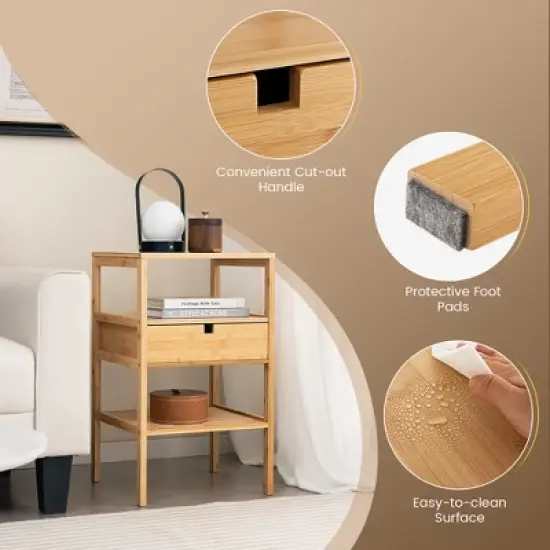 Tangkula Bamboo Nightstands Set of 2 w/ Pull-out Drawer and Storage Shelf Wood Natural image {8}