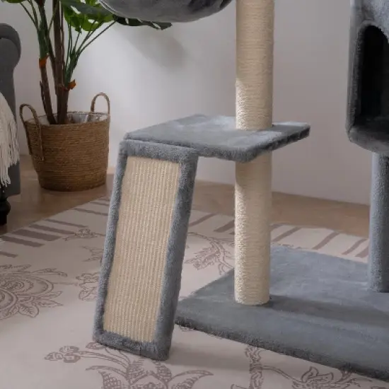 GustoWave Cat Tree House for Indoor, 105" Tall Cat Tower Multi-Level Cat Condo with 3 Perches 2 Caves Basket Scratching Board Supplies, Gray image {6}
