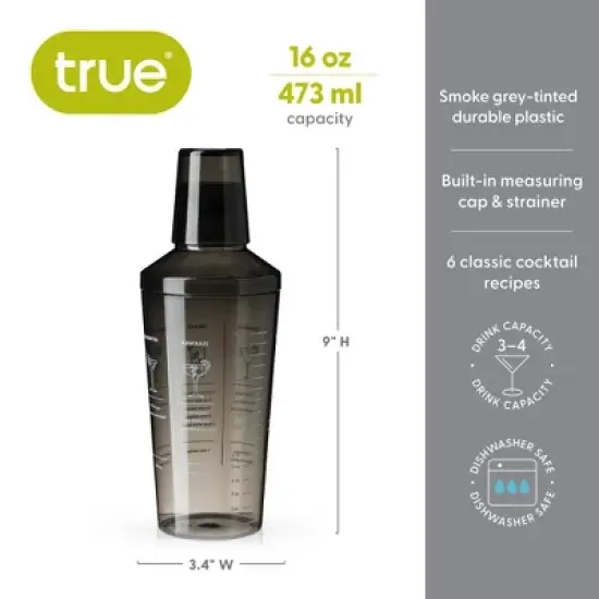 True Smoke Recipe Shaker, Tinted Plastic Cocktail Shaker, Includes 7 Drink Recipes with Measurements, Gray Finish image {2}
