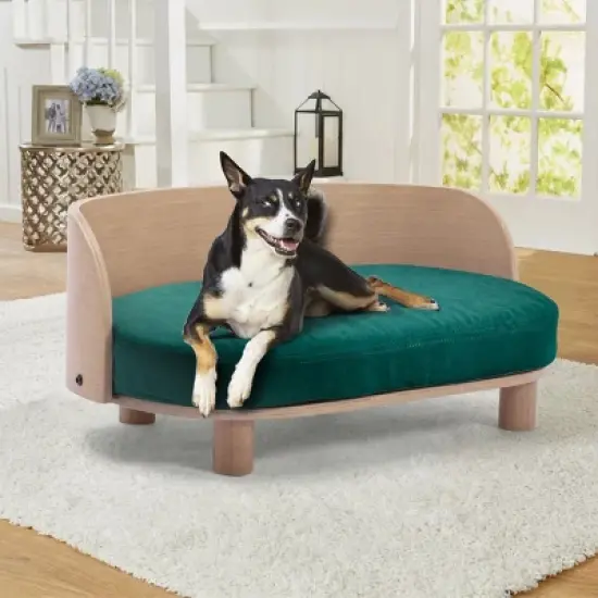 Corgi 26" Wide Small Dog Bed with Removable Cover,Velvet Cushion With Solid Wood legs and Bent Wood Back-The Pop Maison image {10}
