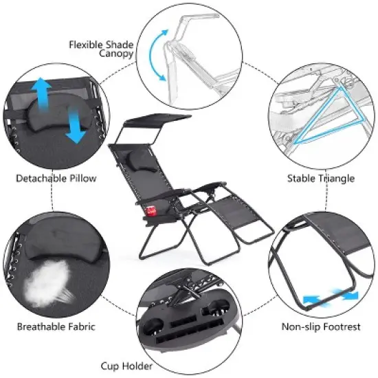 Costway Folding Recliner Zero Gravity Lounge Chair W/ Shade Canopy Cup Holder Black image {6}
