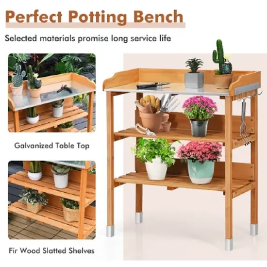 Costway Garden Wooden Potting Bench Work Station Table Tool Storage Shelf W/Hook image {4}