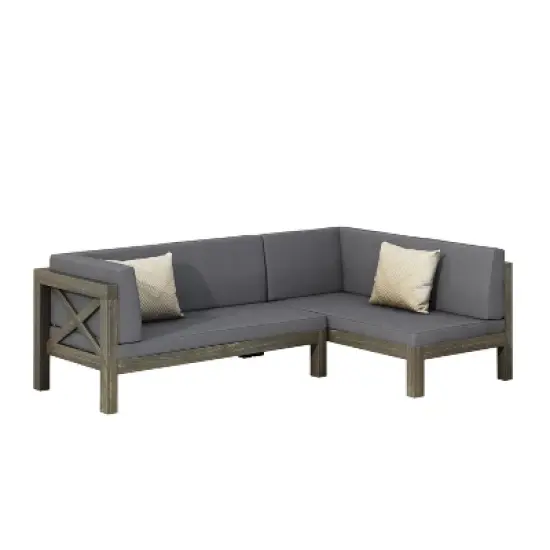 Christopher Knight Home Lyra Outdoor Acacia Wood 4 Seater 88.5" Sectional Sofa with Cushions image {1}