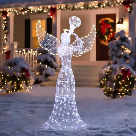 LuxenHome 5Ft Angel Playing Trumpet Outdoor Holiday Decoration with Lights White image {6}
