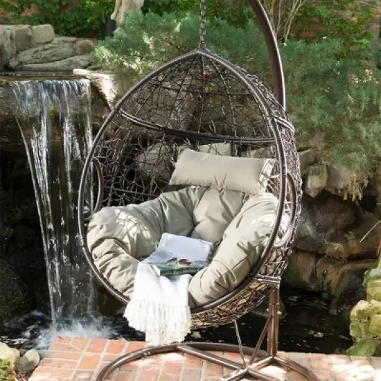 Hanging Egg Chair, Indoor Outdoor Patio Wicker Swing Egg Basket Chairs With Cushion, Rattan Wicker Hammock Chairs image {3}