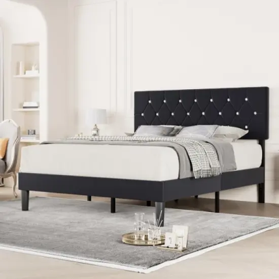 VECELO Tufted Upholstered Queen/King Size Headboard, 6 Adjustable Height, Easy Assembly, Beige/Black image {13}