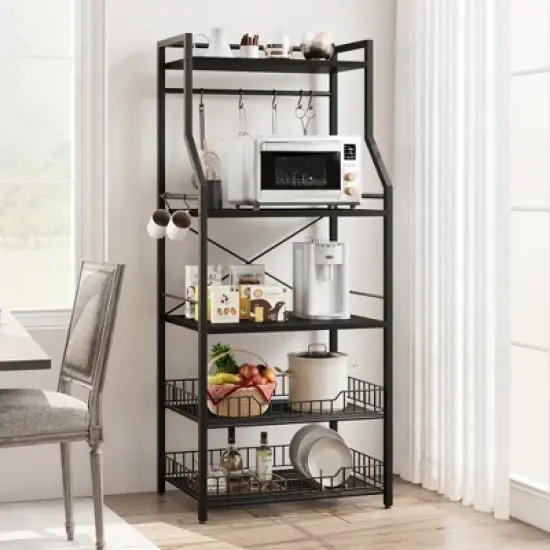 Freestanding Kitchen Bakers Rack, 5 Tier Microwave Stand with Wire Basket & Adjustable Feet, 50.7'' Tall Industrial Coffee Bar Statio image {8}