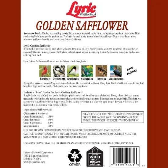 Lyric Golden Safflower Bird Seed for Outside Feeders - Attracts Cardinals, Chickadees, Woodpeckers & More, 5 lb Bag image {1}