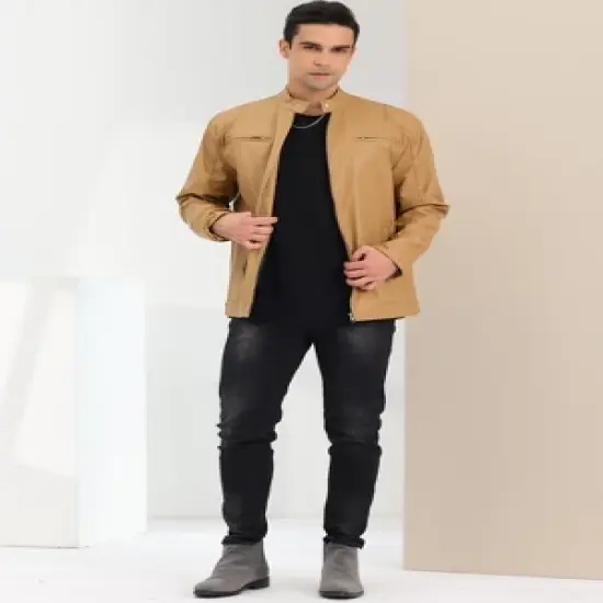 Lars Amadeus Men's Stand Collar Zip Up Motorcycle Biker Faux Leather Jacket image {2}