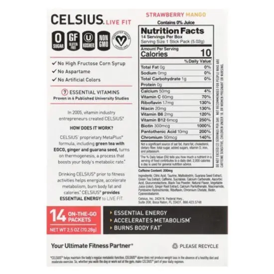 Celsius Live Fit, Strawberry Mango, 14 On-The-Go-Packets, 0.18 oz (5.02 g) Each image {1}
