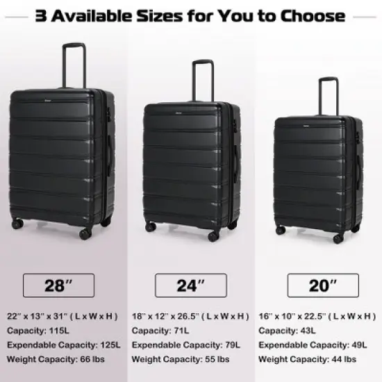 Costway 3 Piece Hardshell Luggage Set Ex pandable Suitcase w/ TSA Lock & Spinner Wheels image {3}