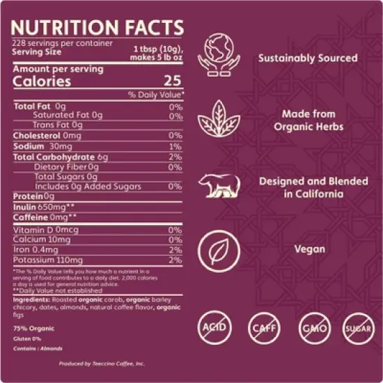 Teeccino Java Chicory Coffee Alternative - 11 Ounce - Ground Herbal Coffee That&rsquo;s Prebiotic, Caffeine Free & Acid Free, Medium Roast image {3}