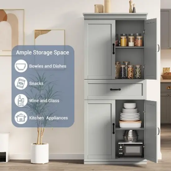 70" Multi-Room Pantry Cabinet w/ Drawer & 4 Doors - Adjustable Shelves, Engineered Wood, Freestanding Cray image {4}