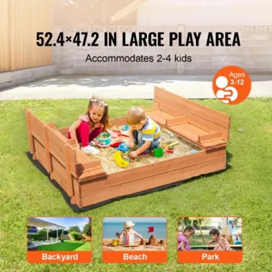 VEVOR Wooden Sandbox, 52.4 x 47.2 x 16.9 in Sand Box, Sand Pit with Foldable Bench Seats and Bottom Liner, Gift for Boys Girls Ages 3-12 image {2}