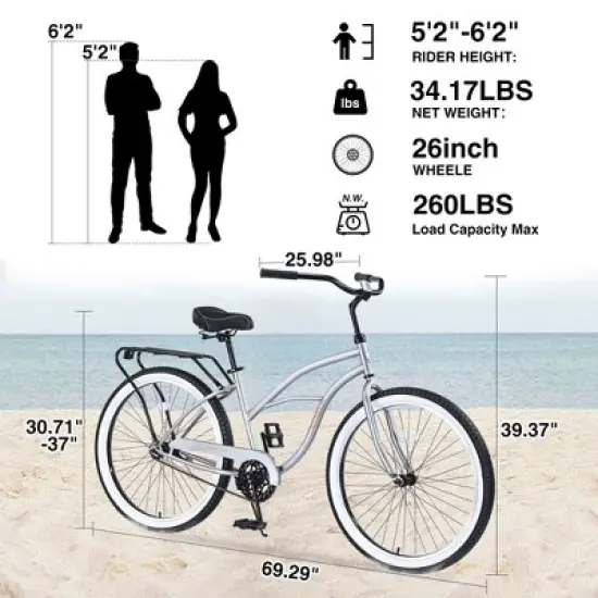 Gulches 26-Inch Single Speed Bicycles - Silver+Gray Beach Cruiser with Wide Wheels for Stability image {2}