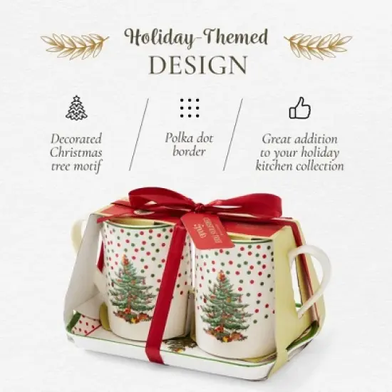 Spode Christmas Tree Polka Dot 10oz Mug & 8" Tray Set (3-Piece Set) - Festive Porcelain Mugs with Melamine Tray, Dishwasher & Microwave Safe image {2}