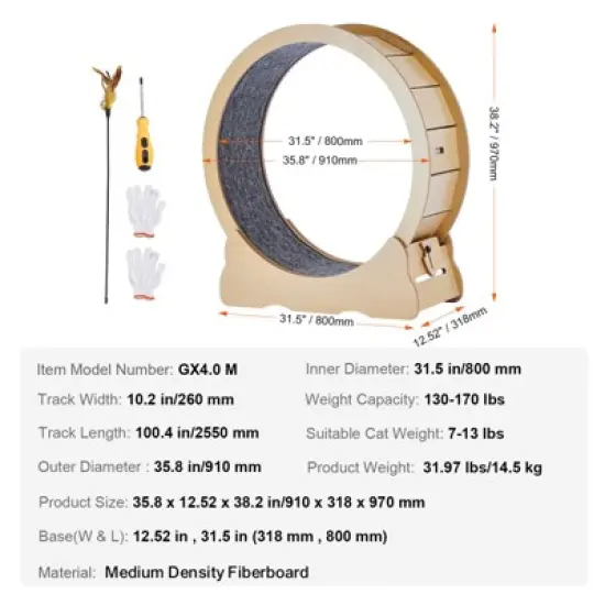 VEVOR Cat Exercise Wheel, Large Cat Treadmill Wheel for Indoor Cats, 35.8 inch Cat Running Wheel with Detachable Carpet and Cat Teaser, Beige image {7}