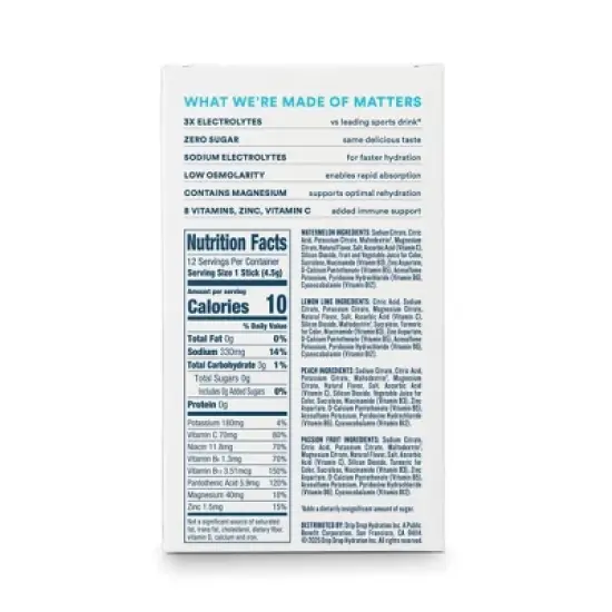 DripDrop Zero Sugar Hydration Powder Vegan Electrolyte Supplements - Watermelon, Lemon Lime, Peach, Passion Fruit - 1.9oz/12ct image {1}