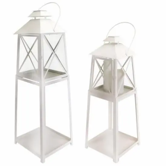 Melrose Set of 2 Cape Cod Wellfleet White Iron and Glass Pillar Candle Lantern Stands image {1}