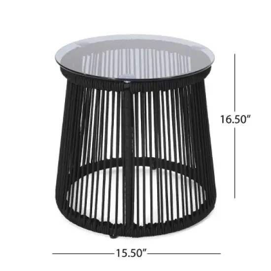 Outdoor Side Table with Tempered Glass Top,Rope Woven Accent Table for Patio or Balcony,Round Patio Side Table with Metal Frame-Coolbibila image {3}