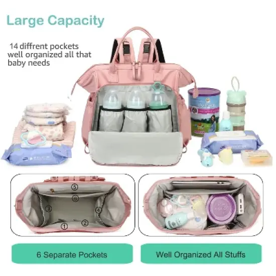 Itopfox Convertible Diaper Bag Tote with 14 Pockets, Water-resistant Nylon, Stroller Buckle, Wide Open Top (Pink, Large) image {1}