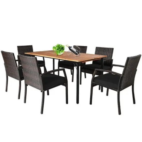 Tangkula 7PCS Patio Dining Furniture Set Yard w/ Wooden Tabletop Black Cushions image {6}