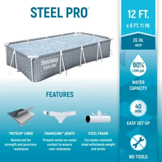 Bestway Steel Pro Rectangular Swimming Pool Above Ground Outdoor Backyard Framed Pool Set with 330 Gallon Filter Pump, 12' x 6' 7" x 26", Gray image {1}