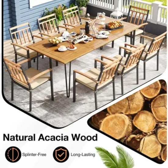 Costway 9 PCS Patio Dining Set with 8 Chairs  Acacia Wood Table Top Umbrella Hole for Yard image {5}