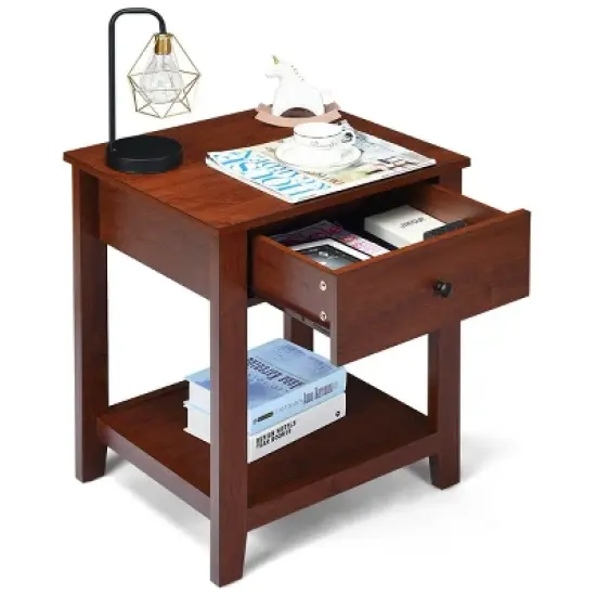 Costway Night Stand End Side Table Bedside Accent Table with Drawer and Storage Shelf image {9}