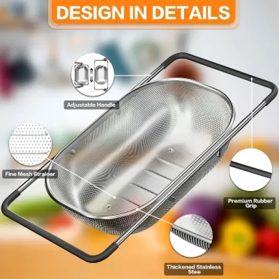 Over the Sink Colander - Strainers and Colanders -Expandable Fine Mesh Strainer with Rubber Grip for Veggie, Fruits, Pasta, image {2}