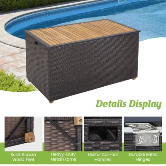 WELLFOR 134gal Patio Storage Bench PE Rattan Storage Box with Solid Wood Top image {4}