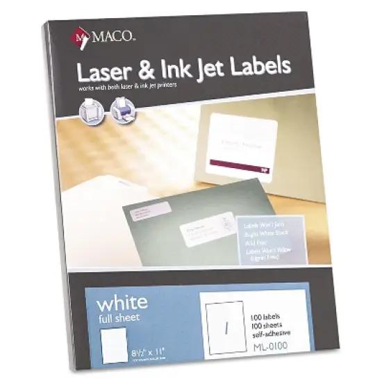 MACO White Laser/Inkjet Full-Sheet Identification Labels 8 1/2 x 11 White 100/Box ML0100 image {1}