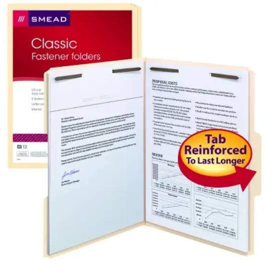Smead Fastener File Folder, 2 Fasteners, Reinforced 1/3-Cut Tab, Letter Size, Manila, 12 per Pack (11537) image {9}