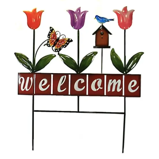 Direct International Home & Garden Welcome With Tulips Poke  -  One Stake 28.0 Inches -  Yard Decor Butterfly  -  31835608  -  Metal  -  Multicolored image {1}