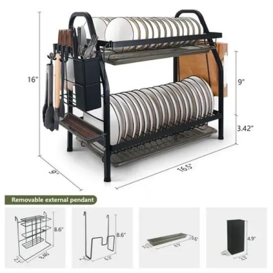 Fortune Candy 16'' Tall Large Capacity Multifunction Storage 2 Tier Dish Drying Rack image {3}