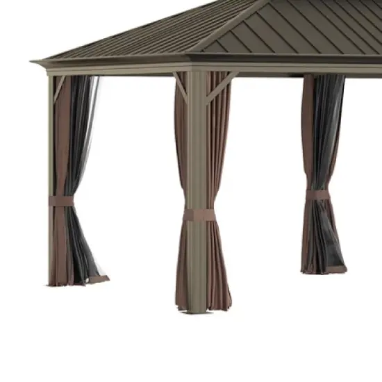 Outsunny Patio Gazebo 12' x 20', Netting & Curtains, 2 Tier Double Vented Steel Roof, Hardtop, Ceiling Hooks, Rust Proof Aluminum, Brown image {5}