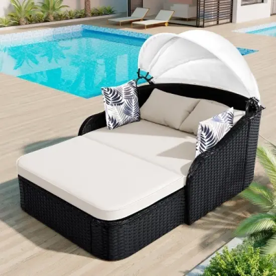 Double Patio Outdoor Chaise Lounge,Black Wicker Patio Outdoor Sunbed With Adjustable Canopy,PE Rattan Lounge Daybed With Cushion -Maison Boucle image {7}